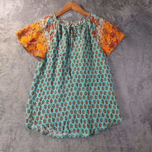 Boho Floral Mixed Print Tunic Top Orange & Teal Short Sleeve Festival Style - Picture 2 of 9